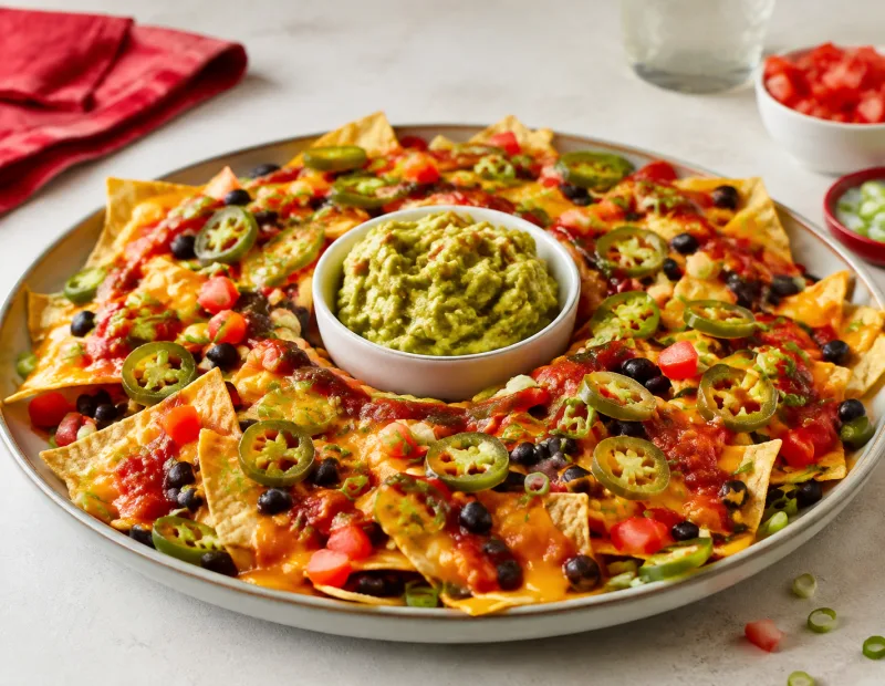 Loaded nachos served with jalapenos and guacamole