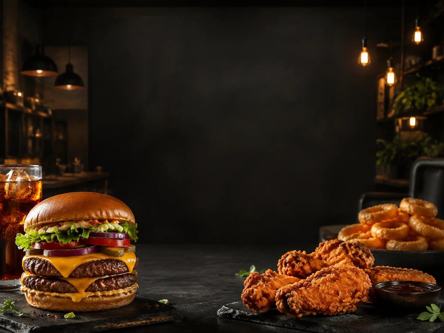 A double cheeseburger with crispy chicken and onion rings
