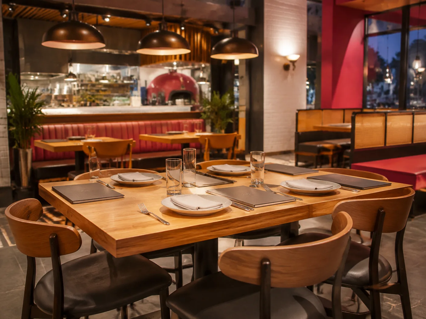 A restaurant table prepared for guests